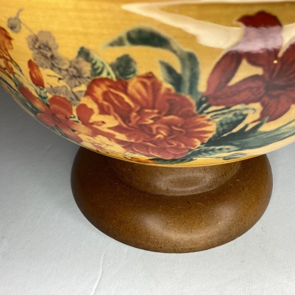Vtg Wood Pedestal Porcelain Bowl Floral Farmhouse Decor Yellow Red